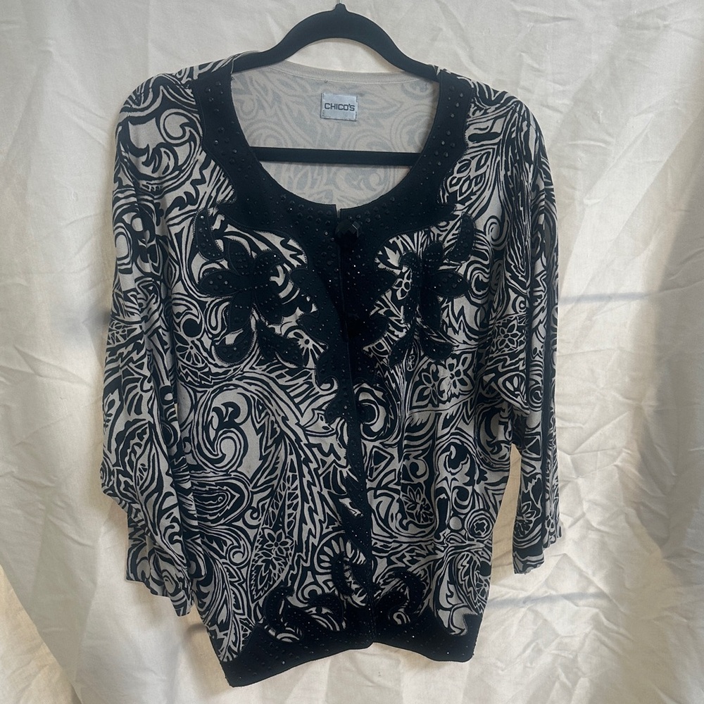 Chico's Elegant Black and White Paisley Cardigan